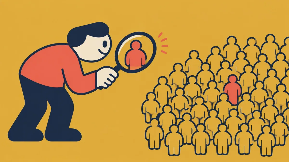 A flat vector character checking a crowd of identical figures with a magnifying glass