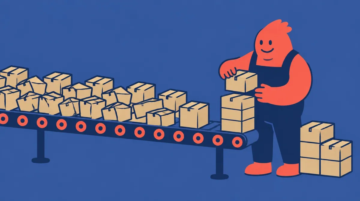 A flat vector character calmly sorting a flood of identical parcels arriving on a conveyor