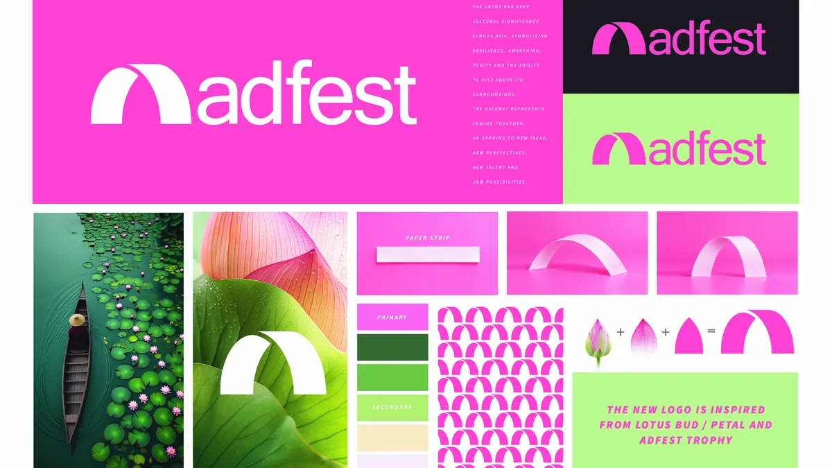 The new ADFEST identity showing the logo, its pink and green palette and the lotus and trophy forms behind it