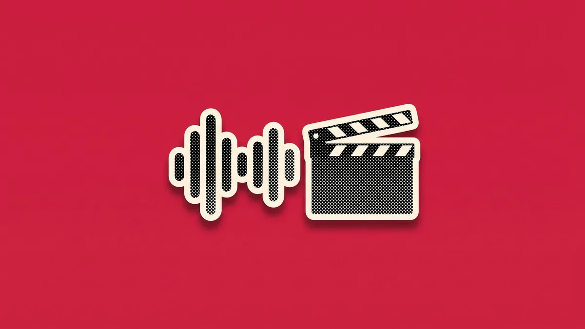 Halftone paper cutout of a sound waveform and a film clapperboard, for Adobe Firefly audio generation
