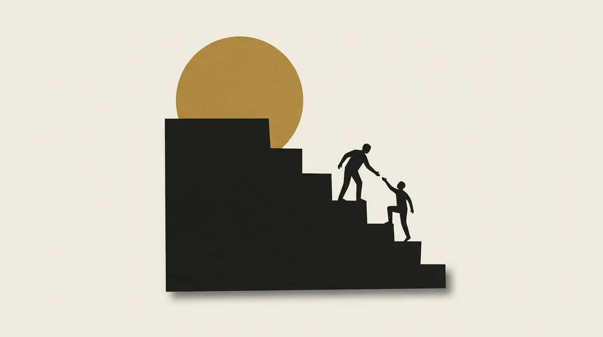 A black staircase silhouette with a figure reaching back to help a smaller figure climb, a gold circle behind them