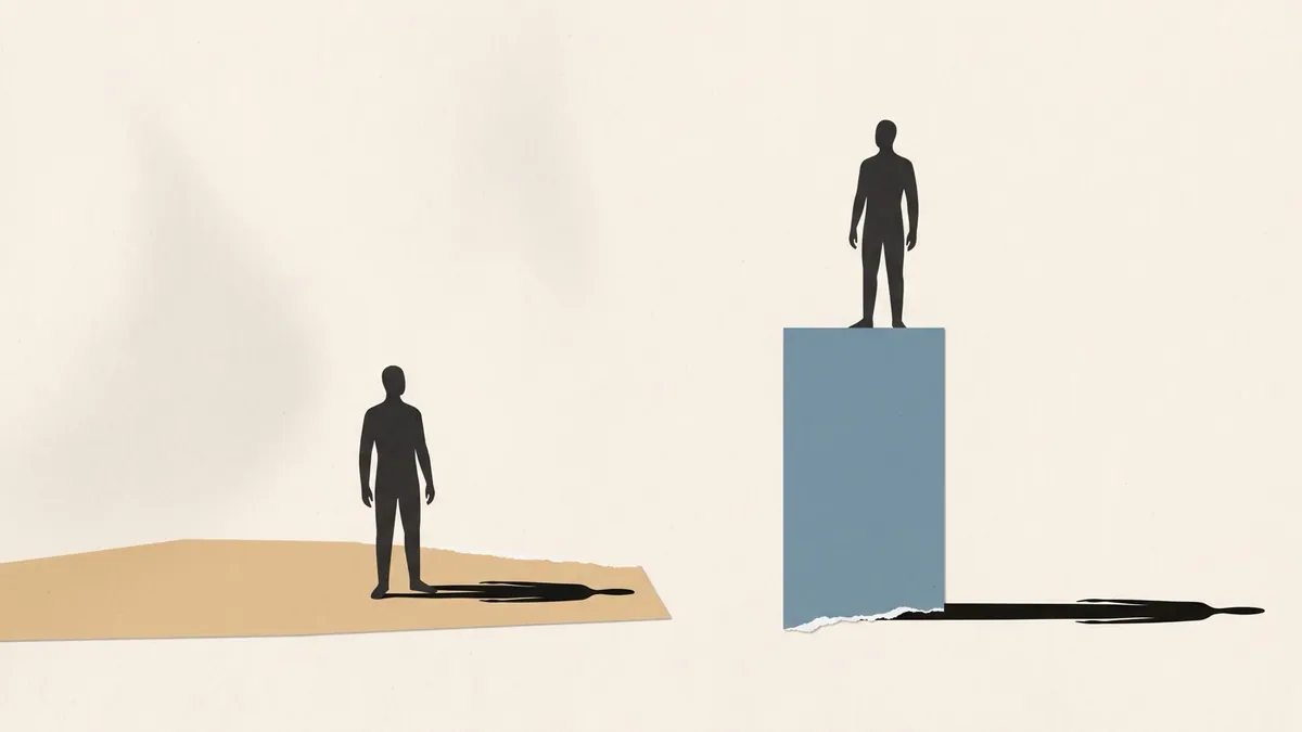 One figure standing on a wide low platform and another on a tall narrow column, both at the same height