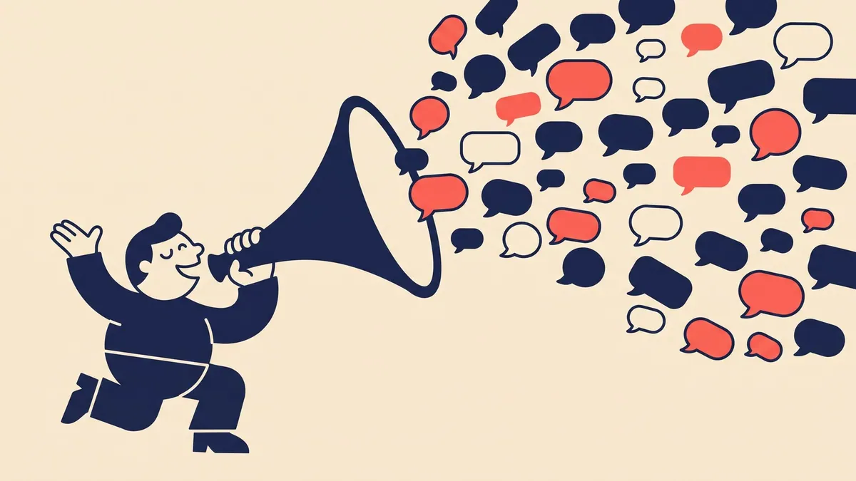 A flat vector character speaking into a funnel that splits into many small speech bubbles