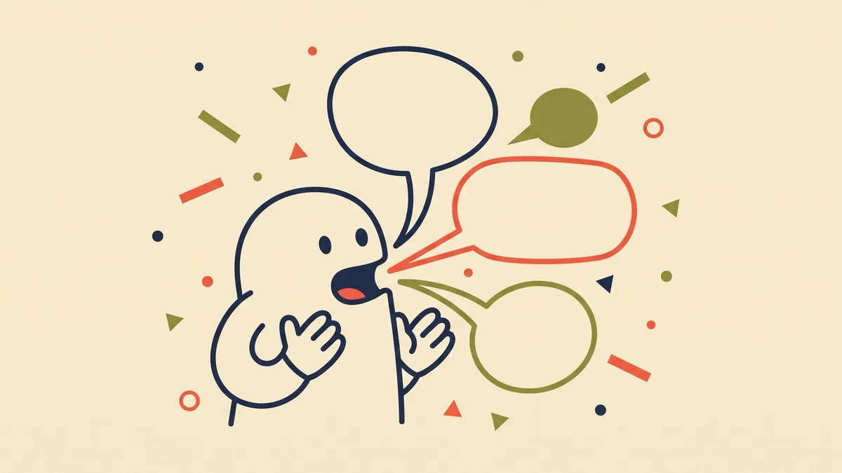 A flat vector character speaking, with several speech bubbles of different shapes coming from the same mouth