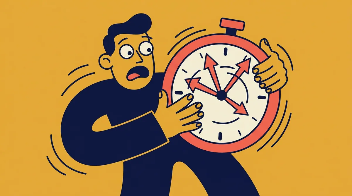 A character trying to hold onto a clock whose hands are spinning wildly out of control