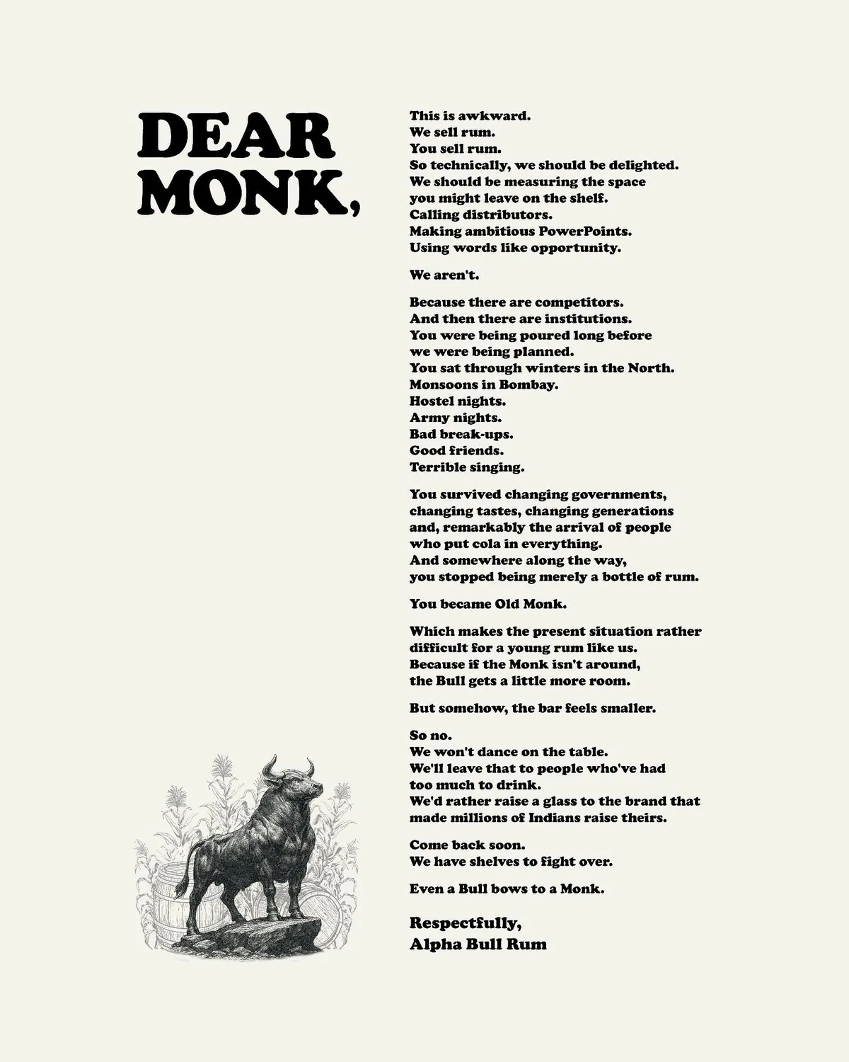 Dear Monk, Alpha Bull Rum's open letter to Old Monk, full print creative