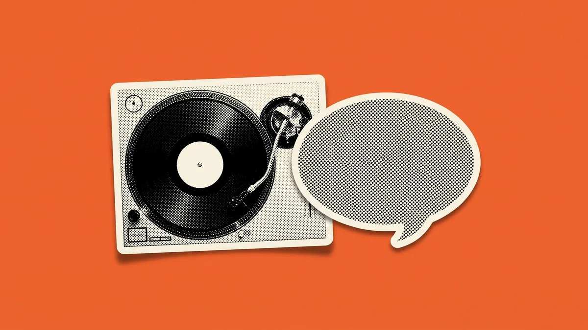 Halftone paper cutouts of a DJ turntable with a vinyl record and an empty speech bubble on a flat orange background