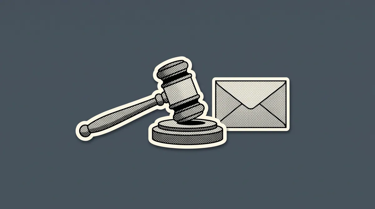A halftone paper cutout of an auction gavel and a sealed envelope on a flat coloured background