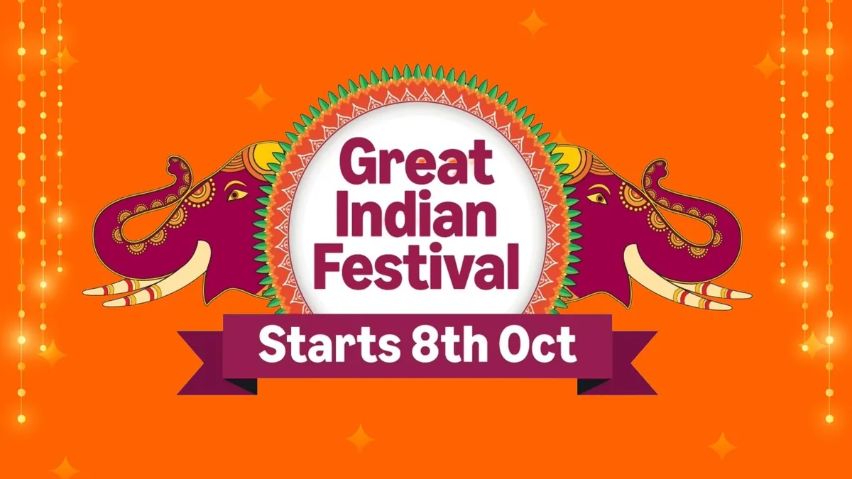 Amazon Great Indian Festival 2026 key visual with two painted elephants and a ribbon announcing the 8 October start