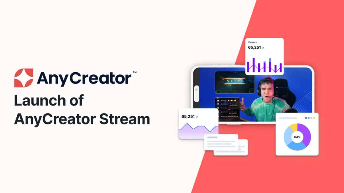 A live streamer mid-broadcast with viewer and engagement dashboards, in AnyMind Group's AnyCreator Stream launch visual