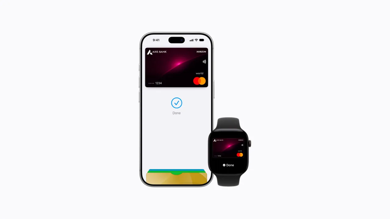 A wristwatch held near a card terminal as halftone cutouts on a flat charcoal ground, for the Apple Pay India launch