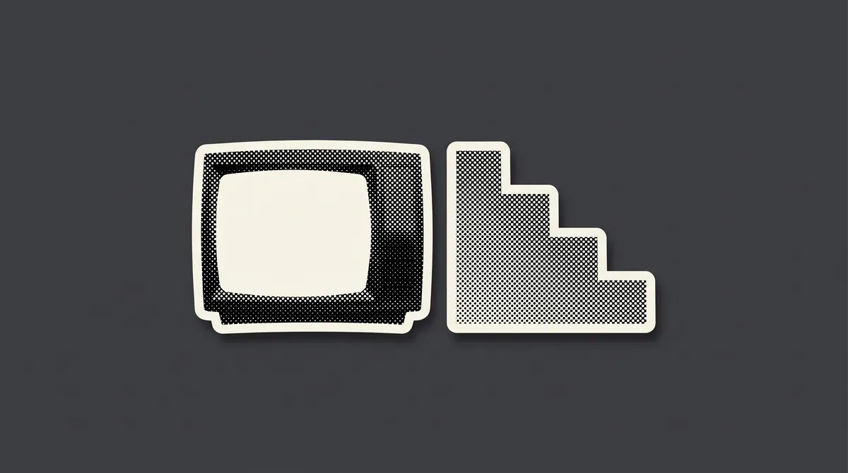 A halftone paper cutout of a television set and a rising staircase on a flat coloured background