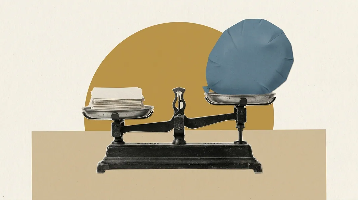 A balance scale with paper on one side and an inflated blue shape on the other, against a gold circle