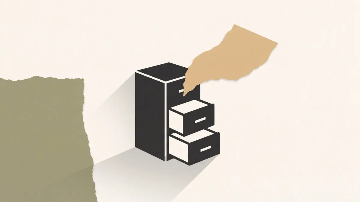 A filing cabinet with its lower drawers pulled open and empty, one sheet of paper drifting away