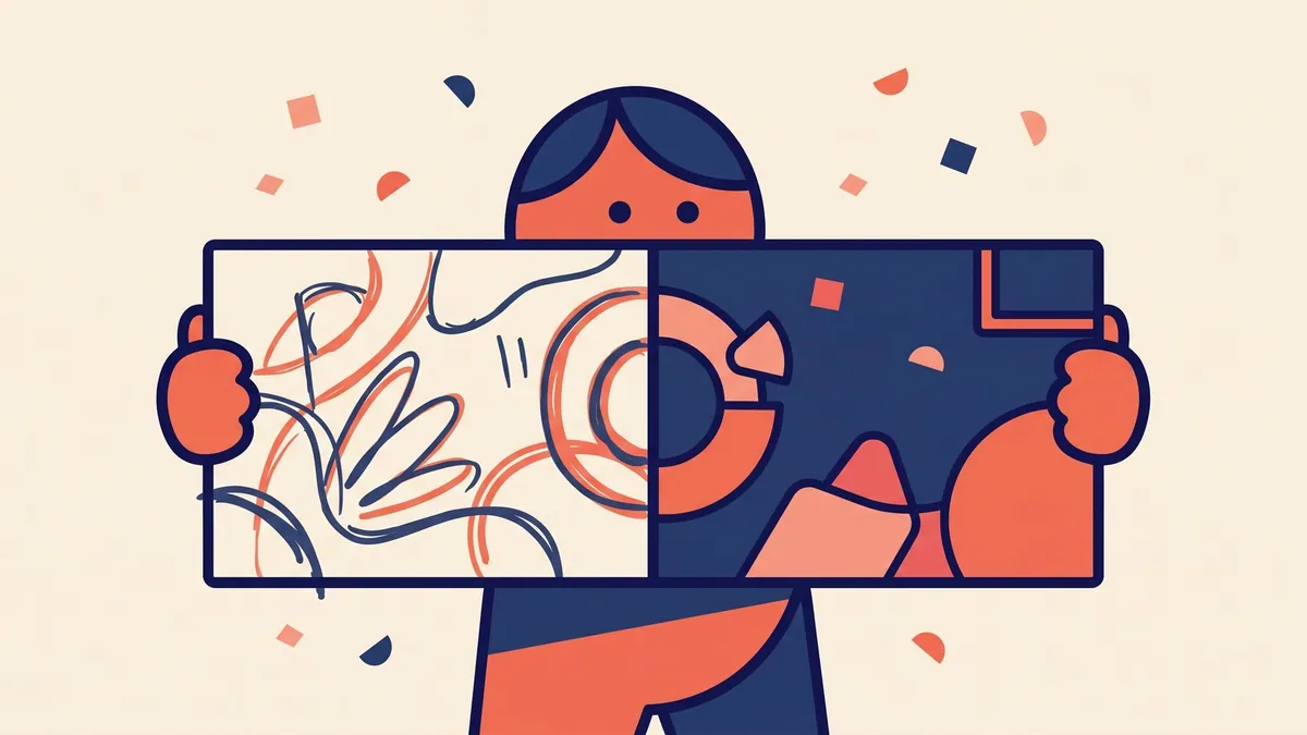 A flat vector character presenting a rough sketch that turns into a polished frame halfway across the board