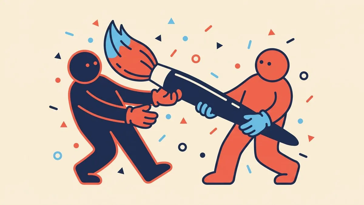 Two flat vector figures pulling in opposite directions on the handle of one oversized paintbrush