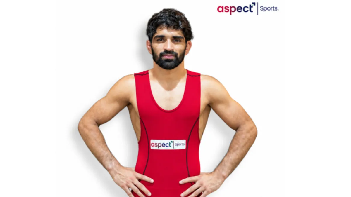 Wrestler Aman Sehrawat in an Aspect Sports singlet, after being named the group's first brand ambassador