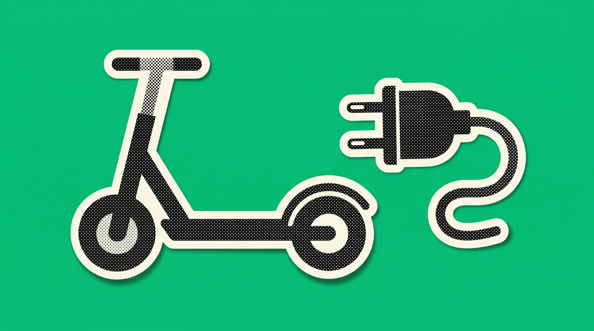 A halftone paper cutout of an electric scooter and a charging plug on a flat coloured background