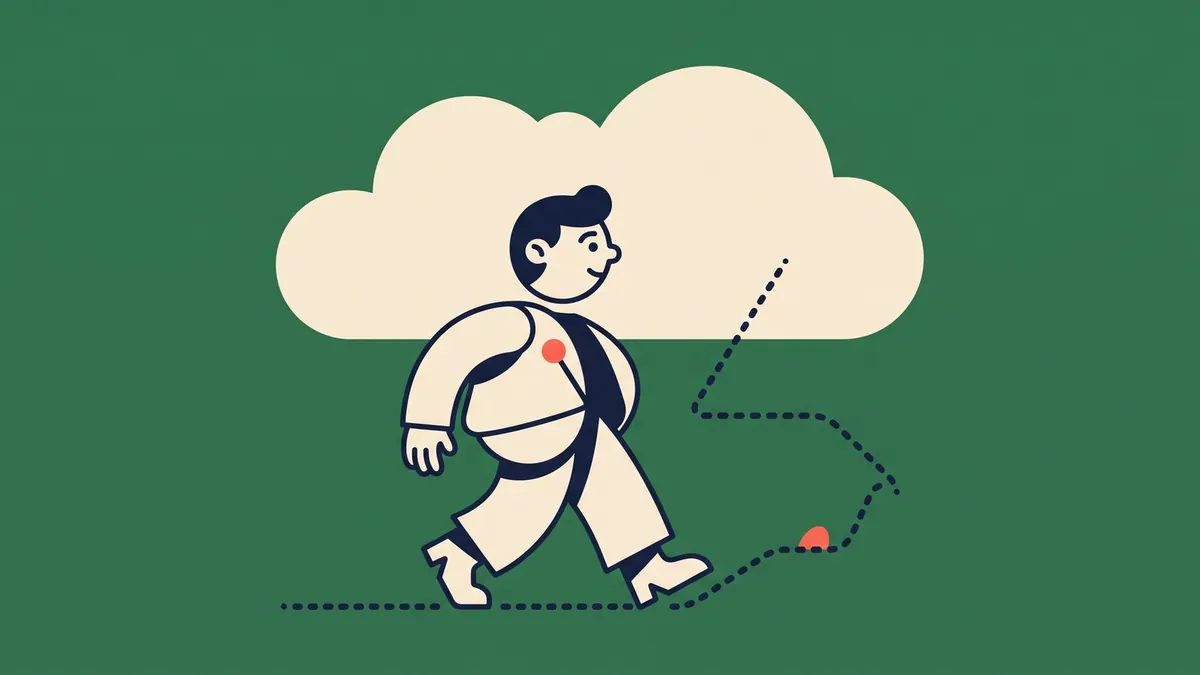 A flat vector character following a dotted line that disappears into a cloud shape