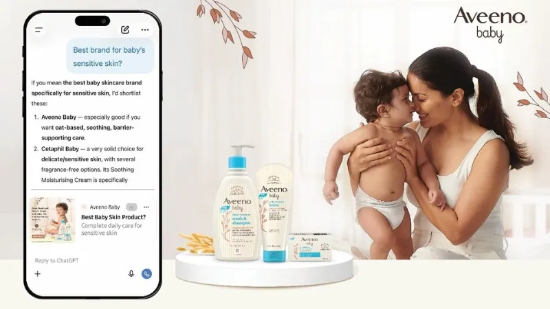 Aveeno Baby key visual showing a ChatGPT answer with an Aveeno Baby ad below it, beside a mother, a baby and Aveeno Baby products