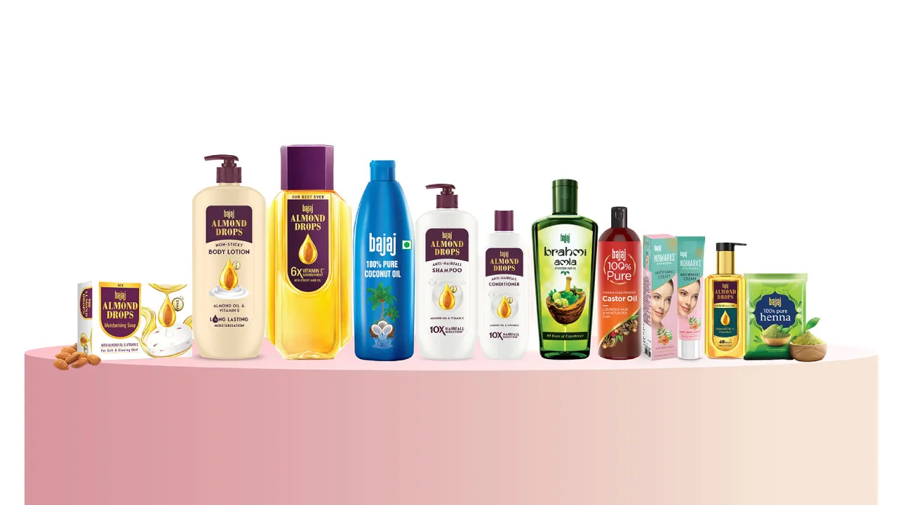 A bottle of hair oil and a rising bar chart as halftone cutouts, for Bajaj Consumer Care crossing Rs 1,000 crore in revenue in FY2025-26