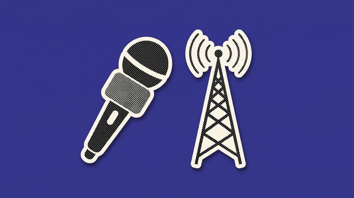 A halftone paper cutout of a microphone and a signal broadcast tower on a flat coloured background