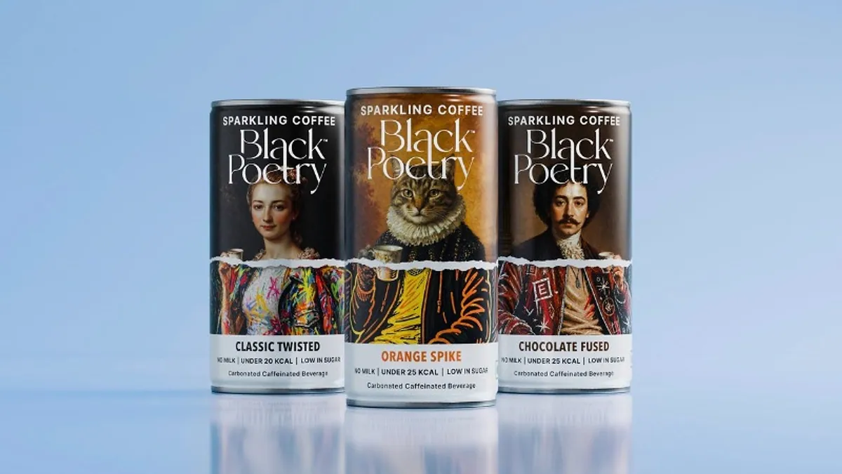 The three Black Poetry sparkling coffee cans: Classic Twisted, Orange Spike and Chocolate Fused