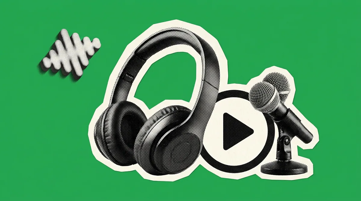 A pair of wireless earbuds beside a music streaming play icon