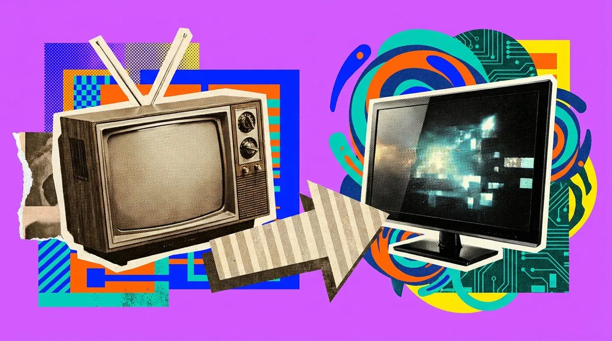 A collage of a vintage wooden television set beside a modern flat screen on a magenta ground