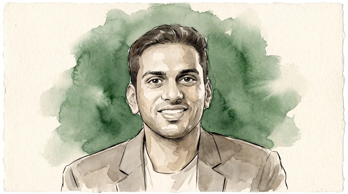 Watercolour and ink portrait of Arjun Vaidya, founder of Dr Vaidya New Age Ayurveda