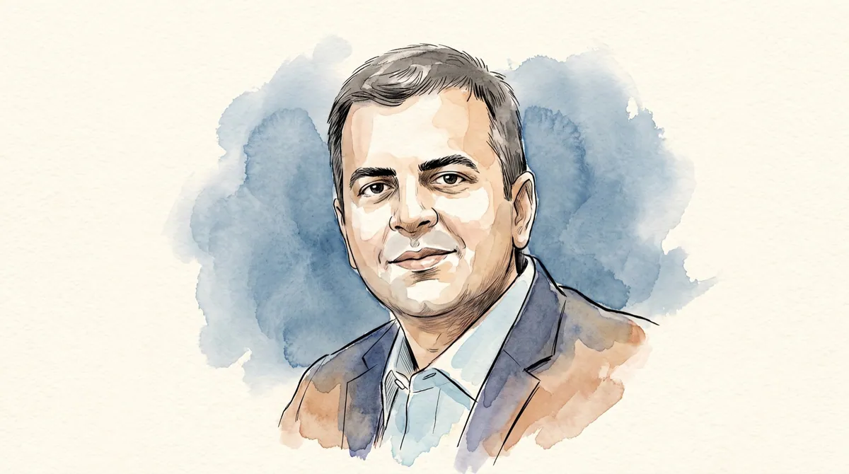 Watercolour and ink portrait of Bhavish Aggarwal, founder of Ola and Ola Electric