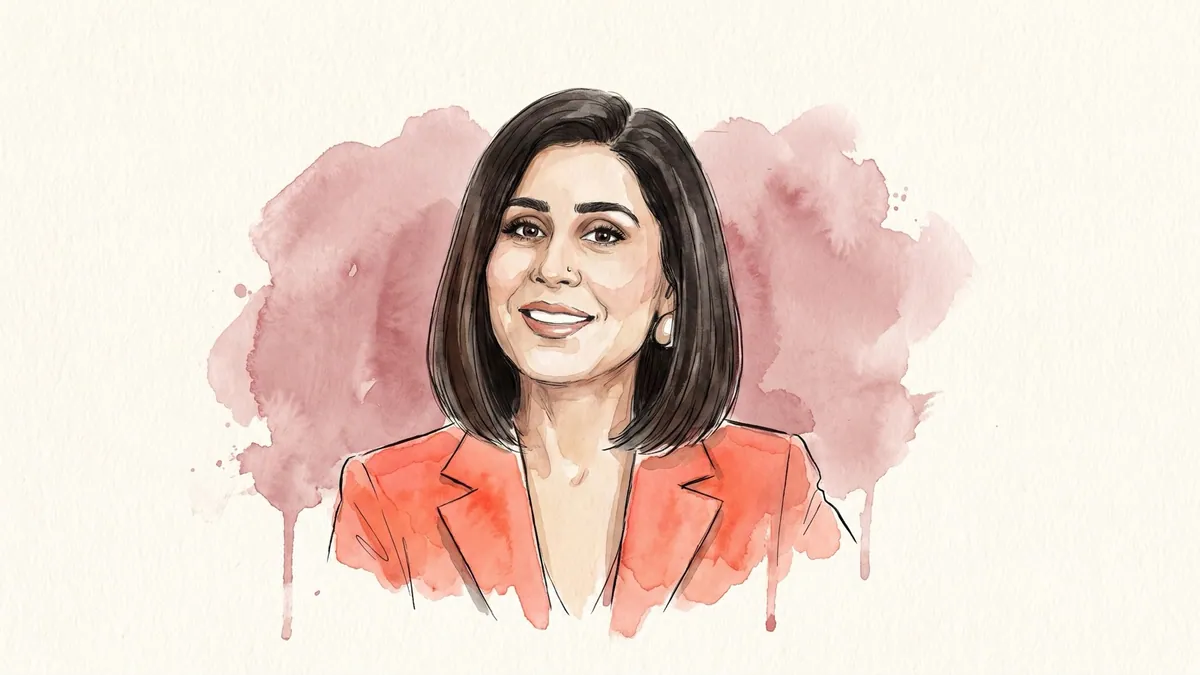 Watercolour and ink portrait of Ghazal Alagh, co-founder of Mamaearth