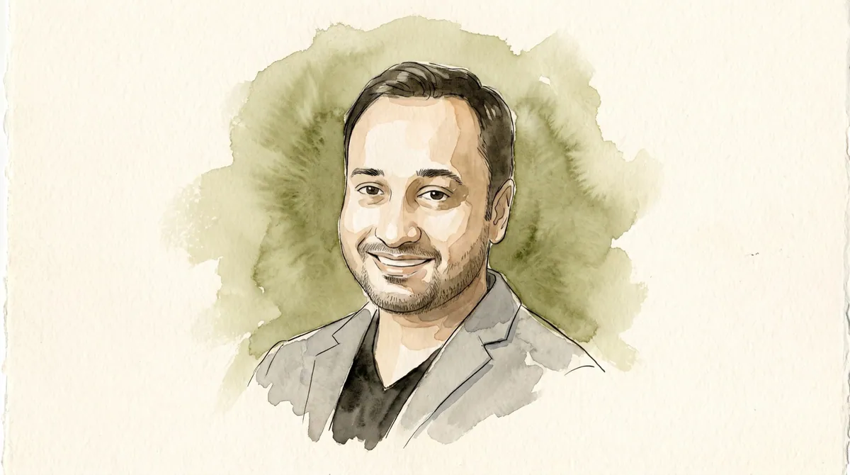 Watercolour and ink portrait of Kaushik Mukherjee, co-founder of SUGAR Cosmetics