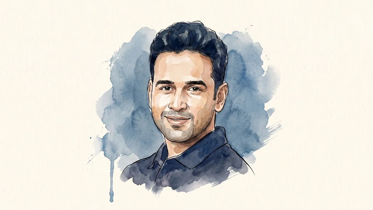 Watercolour and ink portrait of Nithin Kamath, co-founder of Zerodha