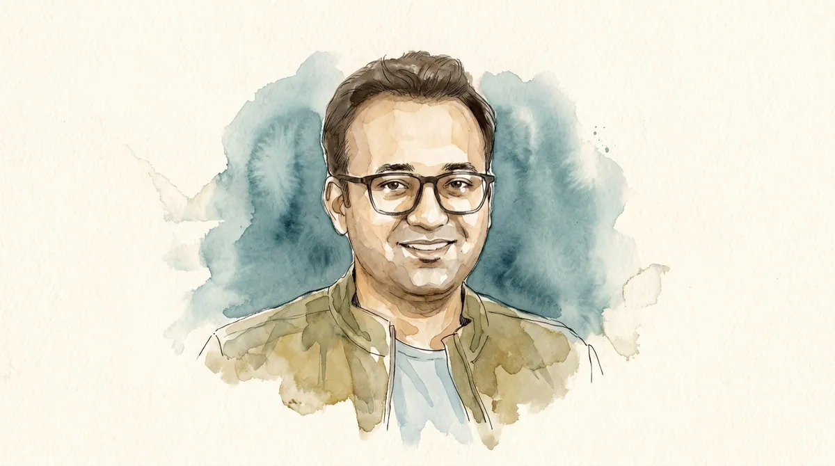 Watercolour and ink portrait of Tarun Mehta, co-founder of Ather Energy
