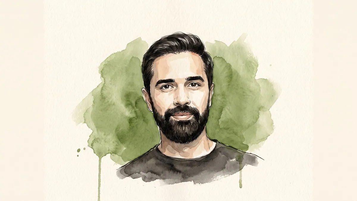 Watercolour and ink portrait of Varun Alagh, co-founder of Mamaearth