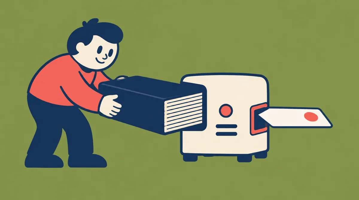 A flat vector character feeding a thick book into a small neat machine