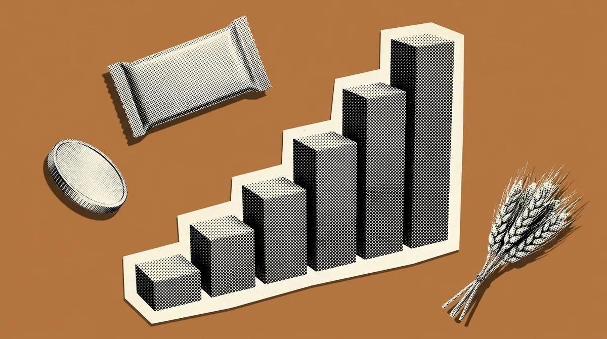 A rising bar chart beside packaged food products