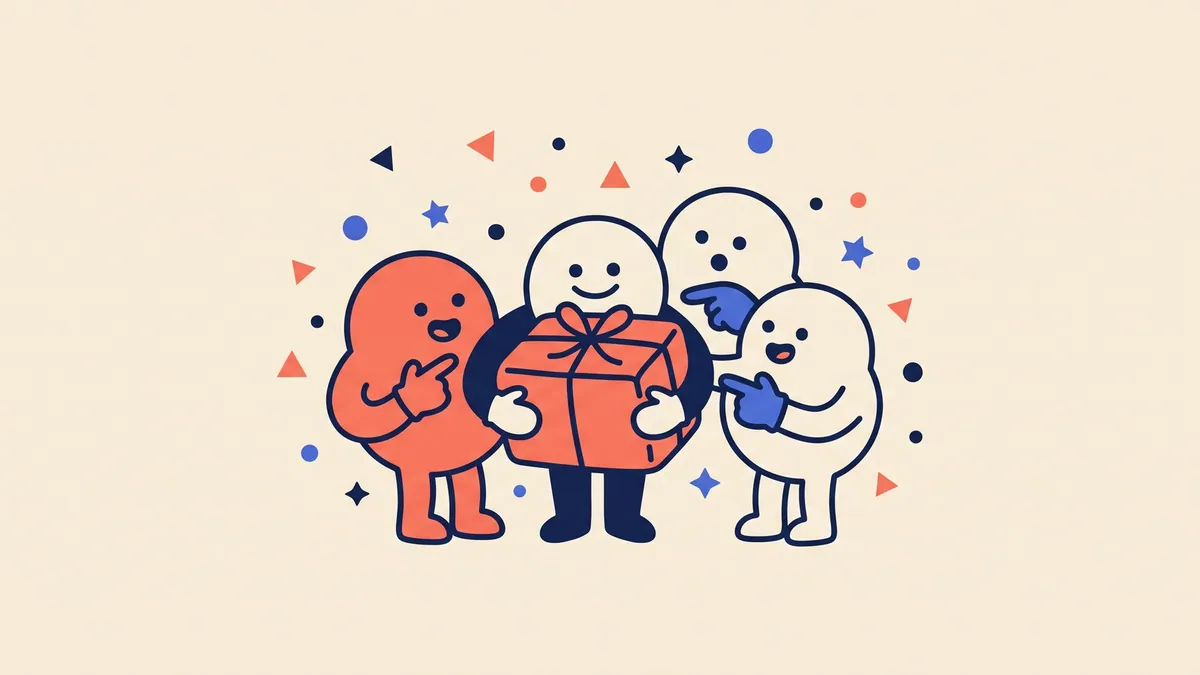 A flat vector character holding a parcel that several other characters are pointing at