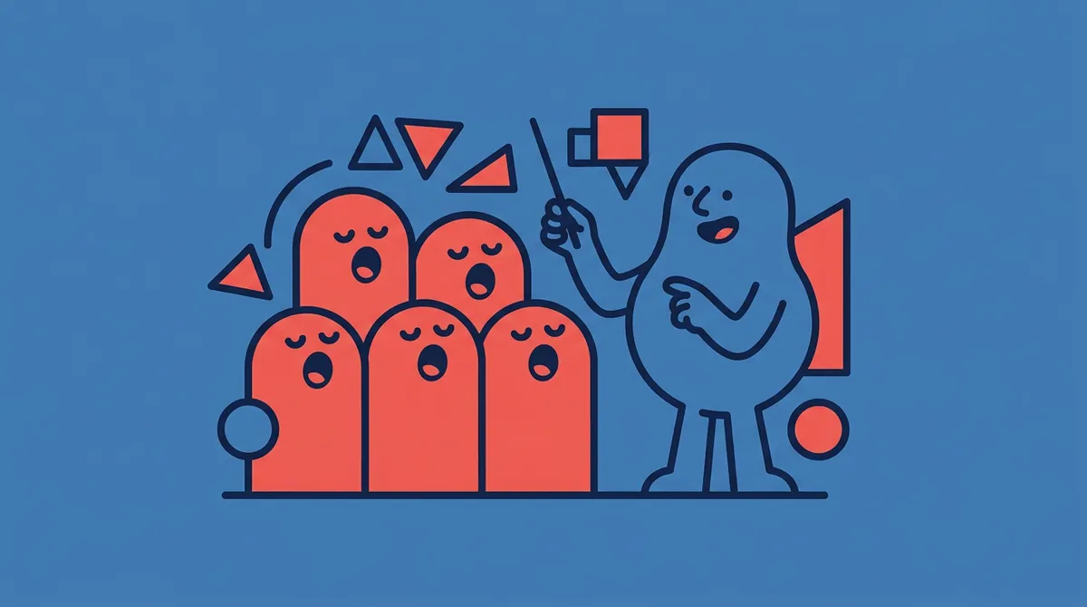 A character conducting a choir of identical singing shapes that all open their mouths in perfect unison