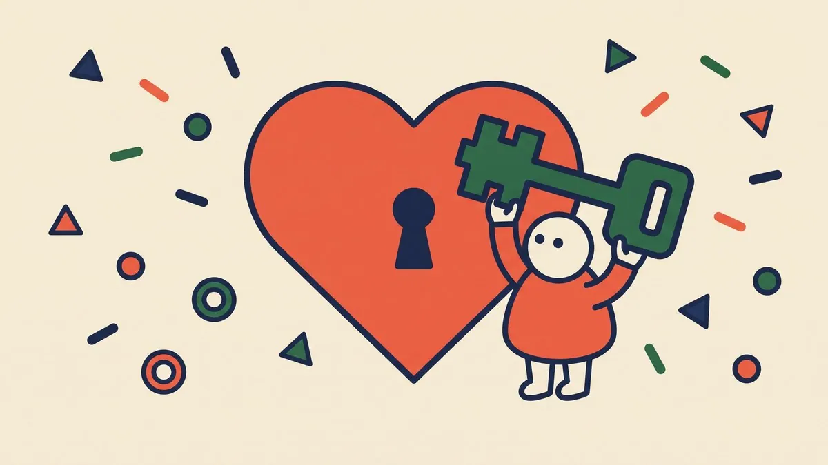 A flat vector character holding an oversized key up to a large heart with a keyhole in it