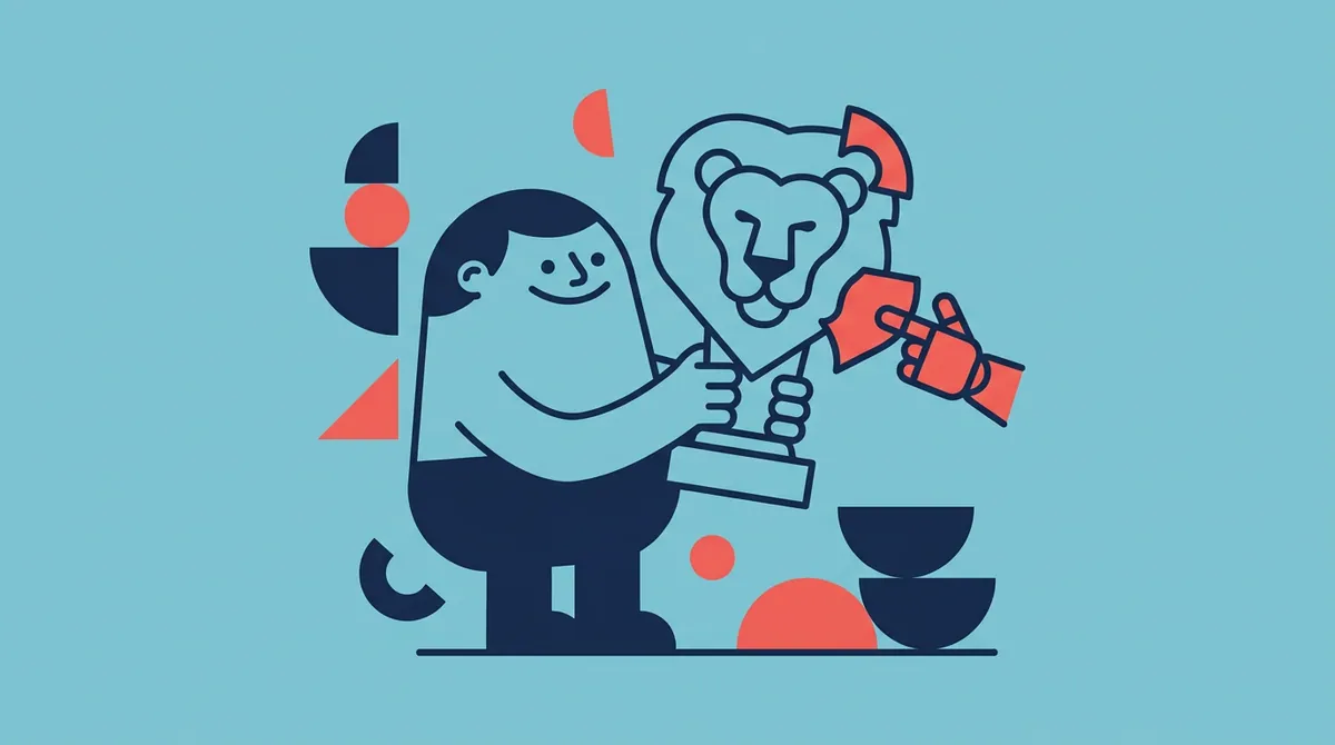 A character holding up a trophy lion while a small robotic hand quietly hands them one of the pieces
