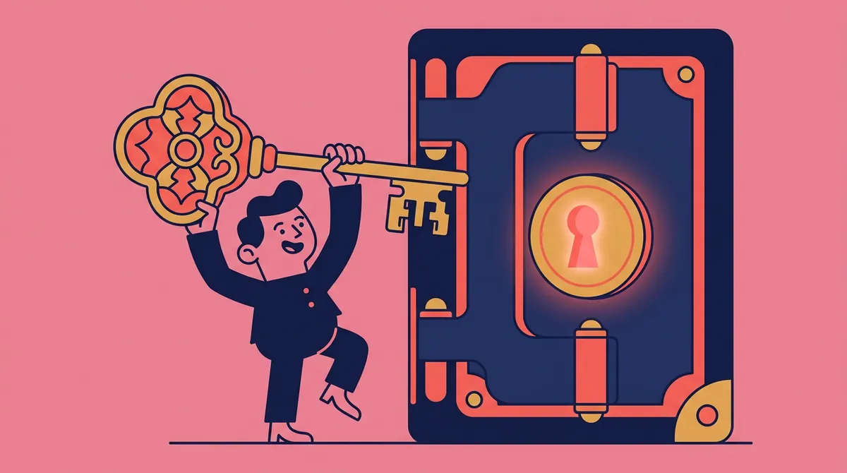 A small character holding a large golden key up to an oversized vault door