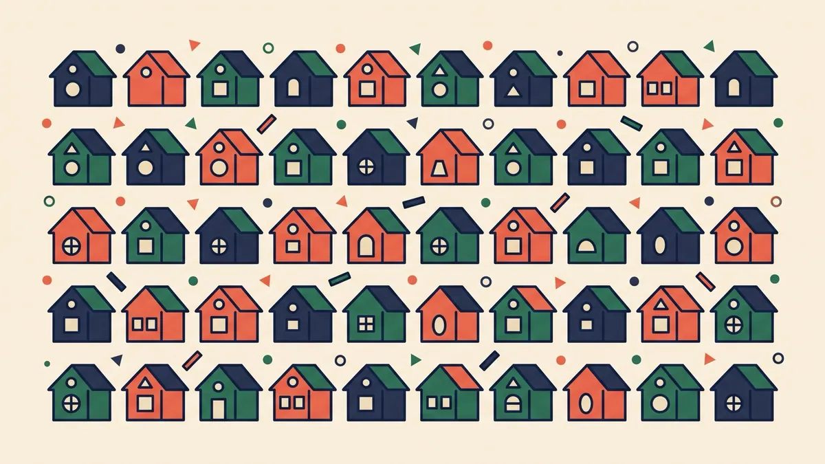 A flat vector map-free illustration of many small houses, each with a different shaped window