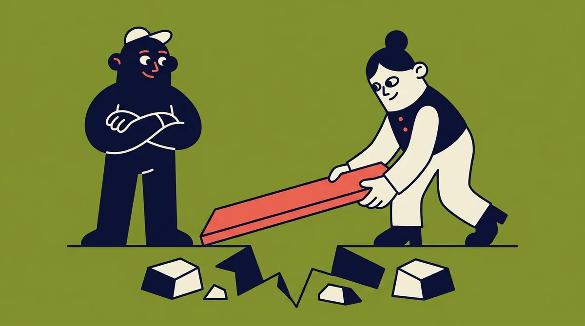 Two characters on either side of a gap, one placing a smooth plank across it to connect them