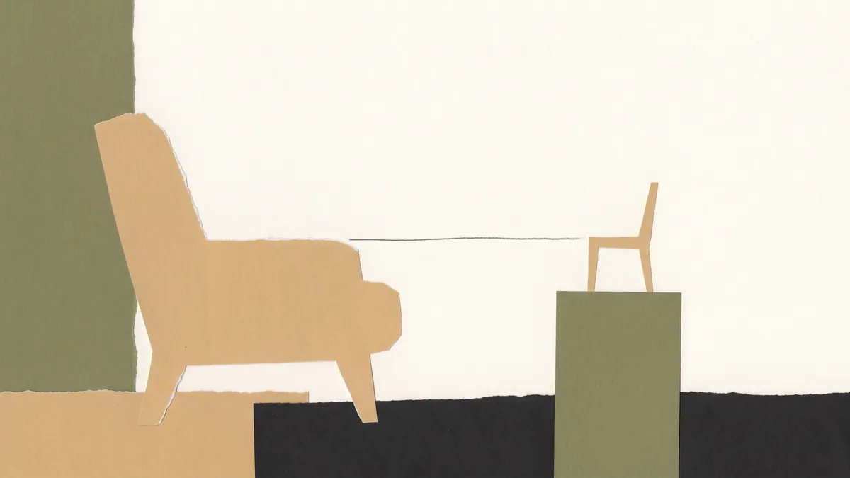 Two chairs facing each other, the smaller one raised on a block of muted olive