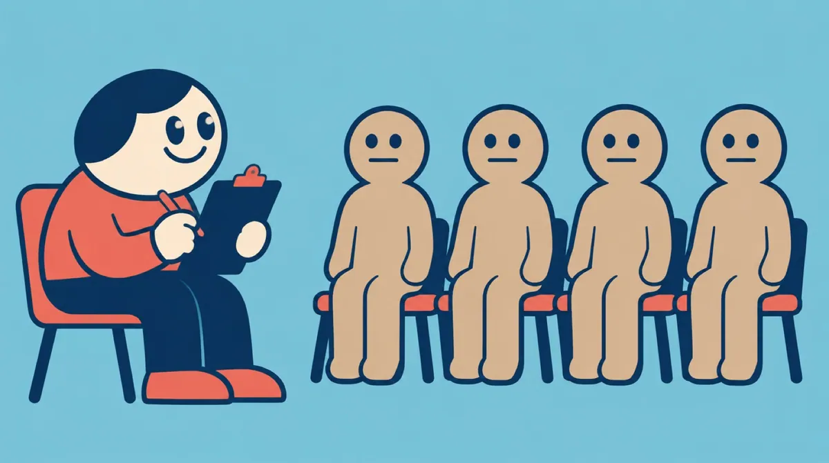 A flat vector character interviewing a row of identical smiling cut-out figures