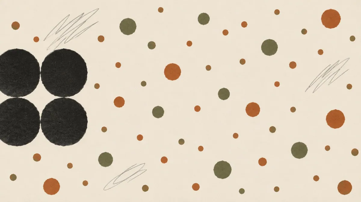 A cluster of four large dots at one edge of the frame and many smaller scattered dots across the rest