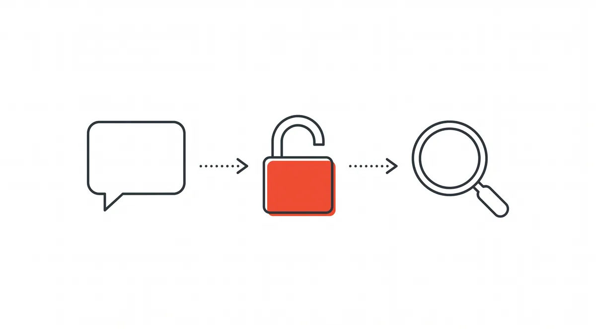 Line-art illustration of a speech bubble, open padlock and magnifying glass marking the shared-chat indexing issue