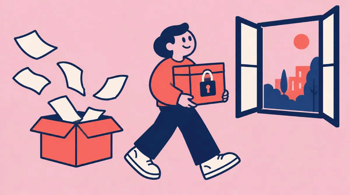 A flat vector character carrying a sealed box towards an open window